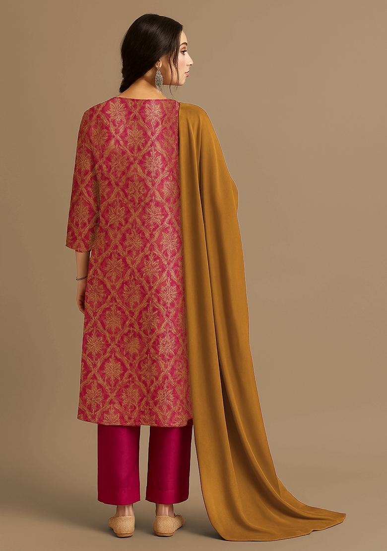 Magenta Pink Jacquard Jacquard Straight Kurta Set - Indya