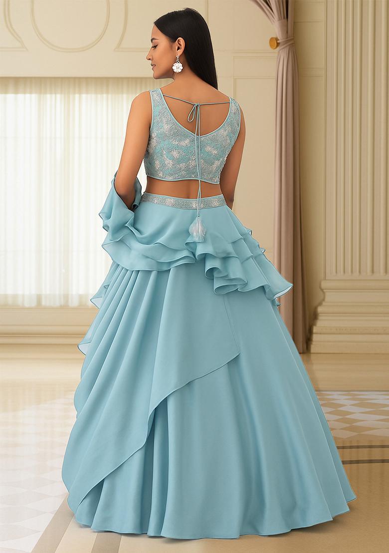 Sky Blue Sequin Embellished Blouse Chinon Lehenga Set - Indya