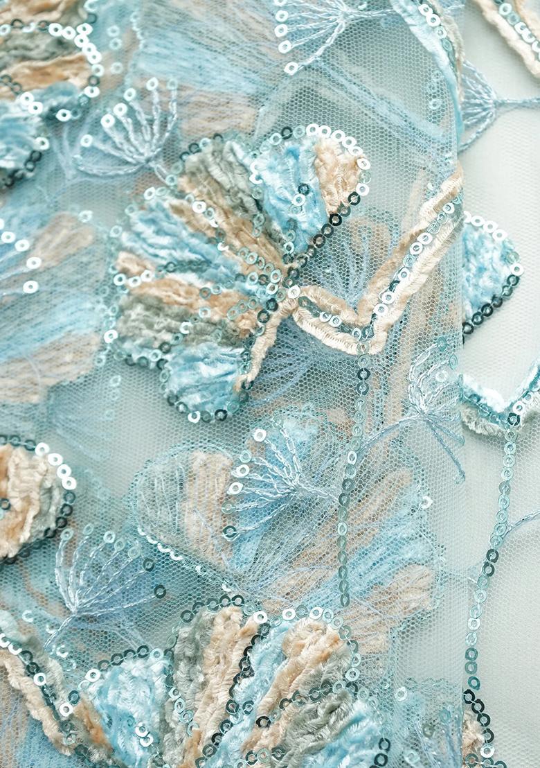 Sky Blue Sequin Embellished Blouse Chinon Lehenga Set - Indya