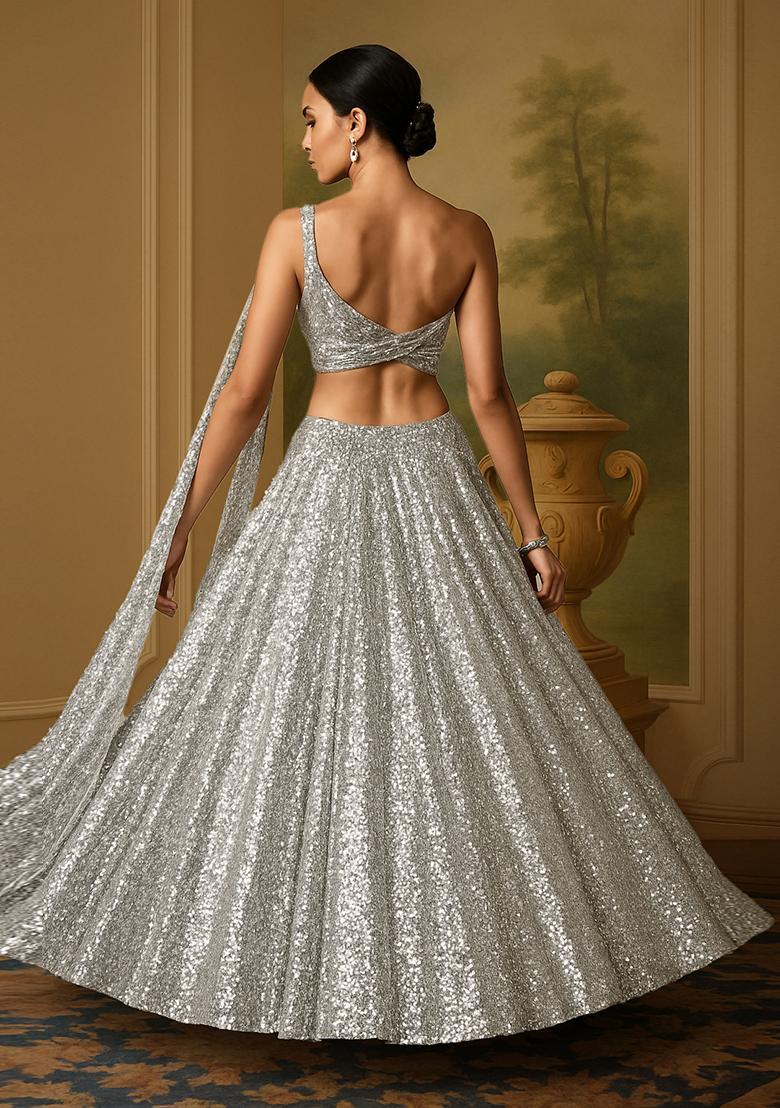 Grey Sequin Embellished Net Lehenga Set - Indya