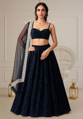 Navy Self Design Velvet Lehenga Set