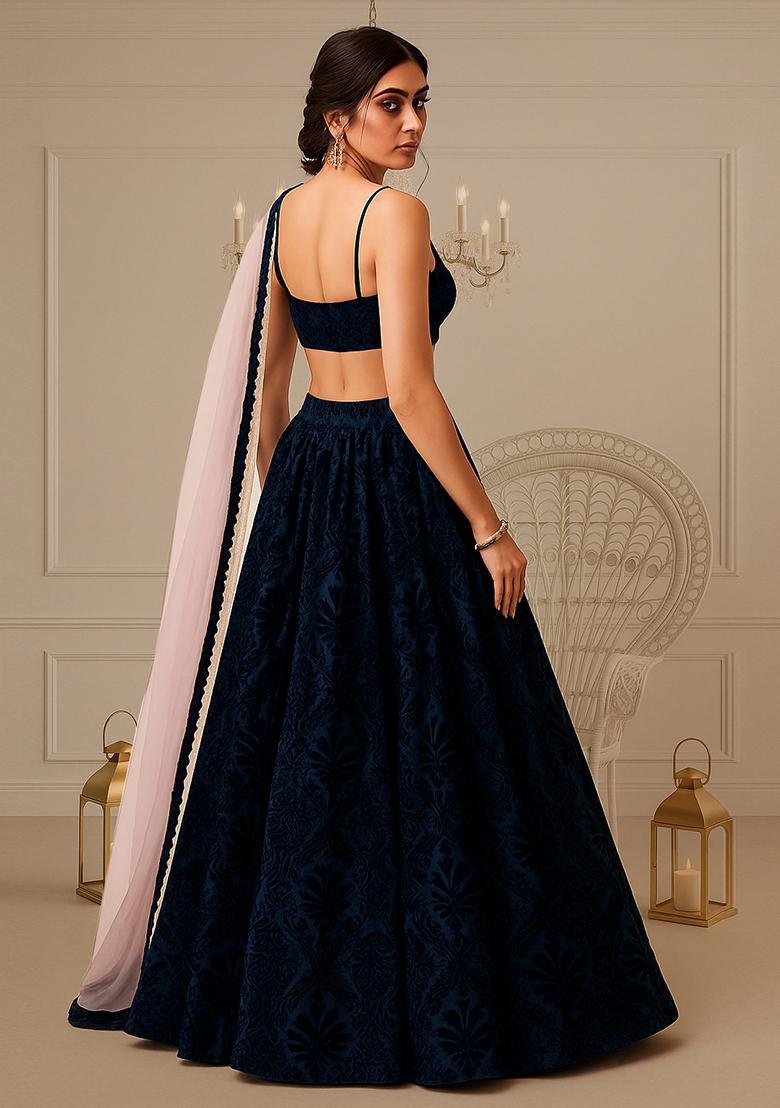 Navy Self Design Velvet Lehenga Set - Indya