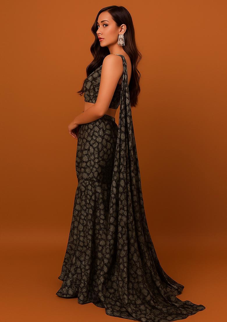 Black And Rose Gold Self Design Lurex Knit Lehenga Set - Indya