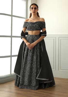 Black And Silver Self Design Lurex Knit Lehenga Set
