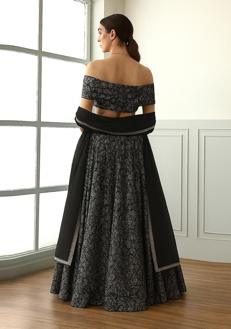 Black And Silver Self Design Lurex Knit Lehenga Set - Indya