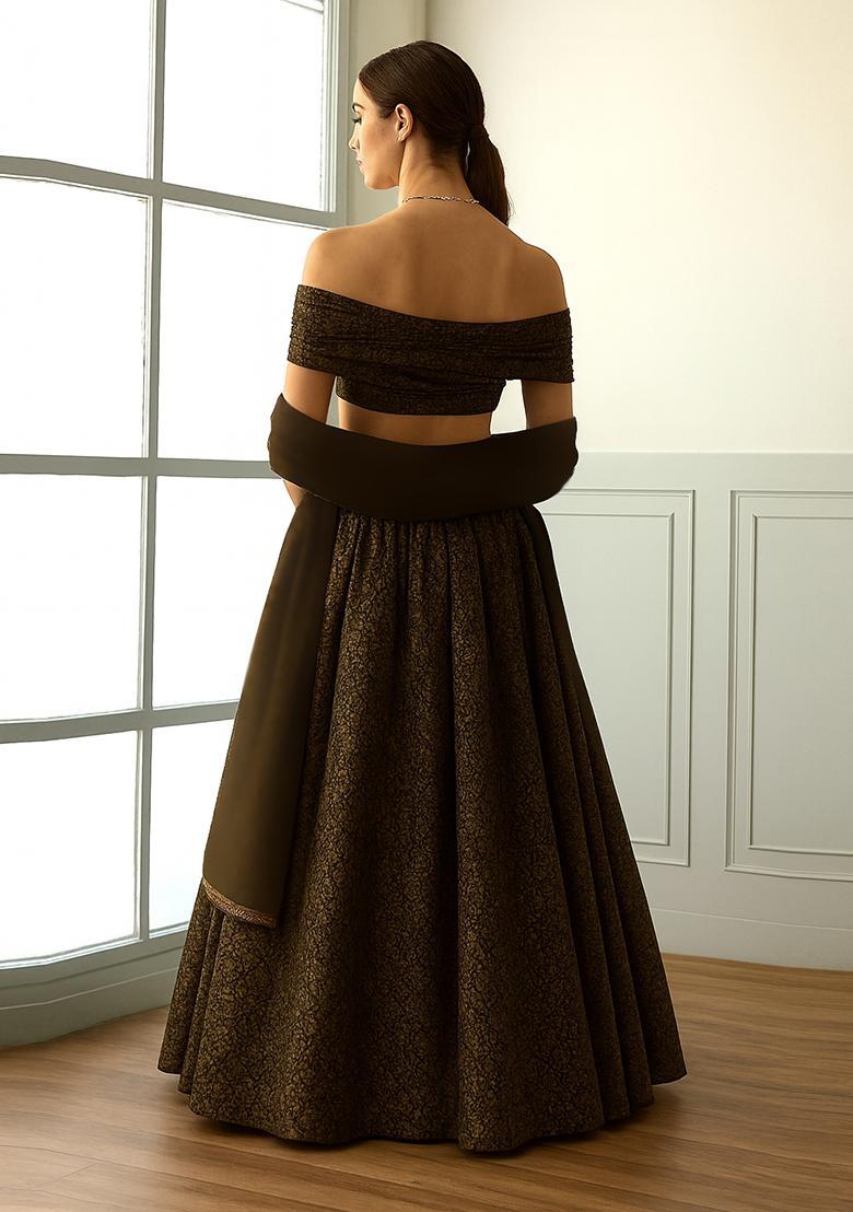 Black And Gold Self Design Lurex Knit Lehenga Set - Indya