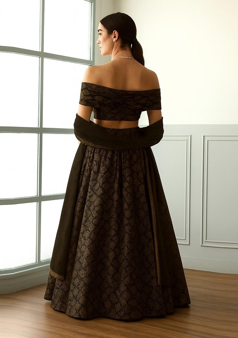 Black And Rose Gold Self Design Lurex Knit Lehenga Set - Indya