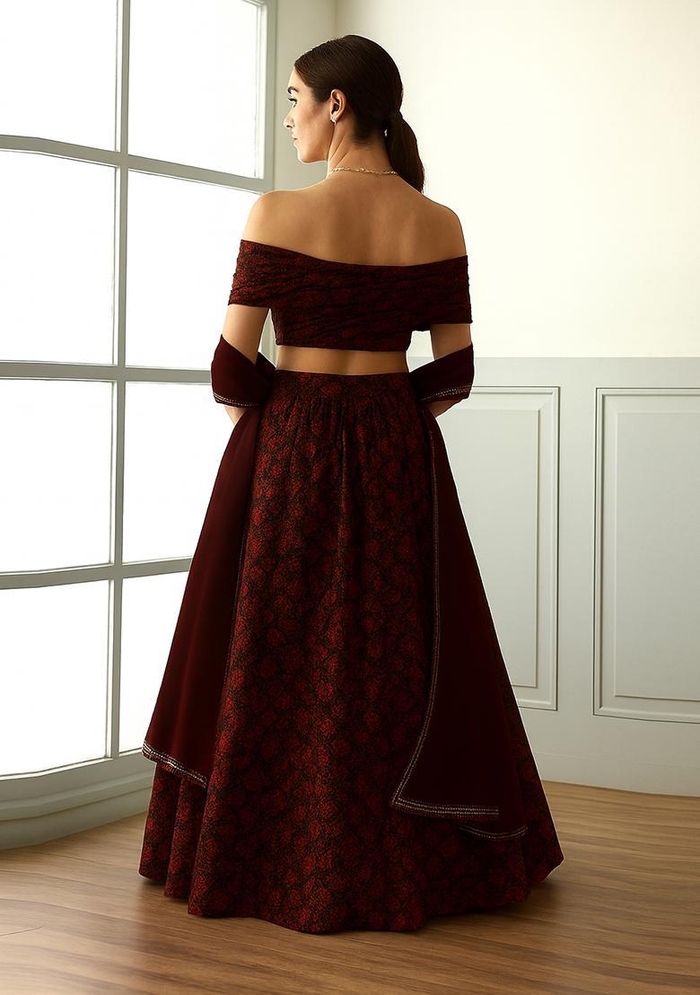 Black And Maroon Self Design Lurex Knit Lehenga Set - Indya