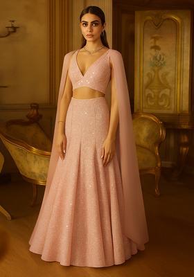 Pink Rainbow Sequin Embellished Metallic Knit Lehenga Set