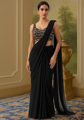 Black Sequin Embellished Blouse Net Pre Draped Saree Set