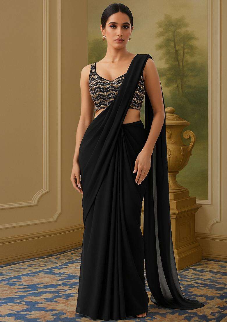 Black Sequin Embellished Blouse Net Pre Draped Saree Set - Indya