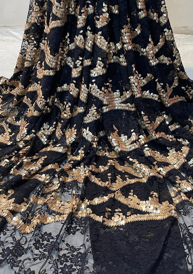 Black Sequin Embellished Blouse Net Pre Draped Saree Set - Indya