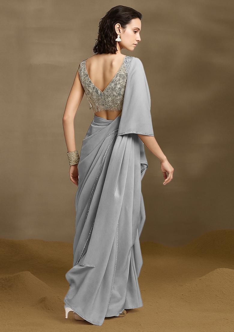 Grey Sequin Embroidered Blouse Net Pre Draped Saree Set - Indya