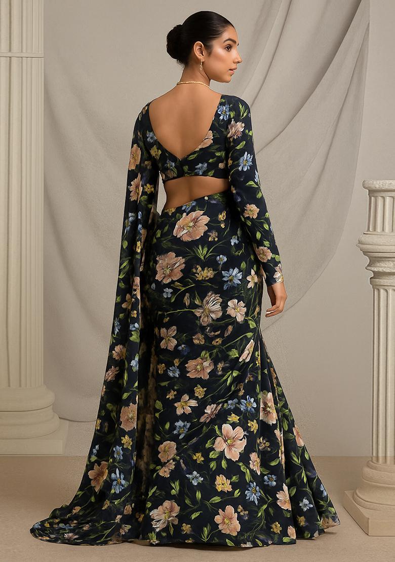 Black Printed Georgette Pre Draped Saree Set - Indya