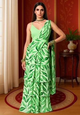 Green Printed Georgette Pre Draped Saree Set