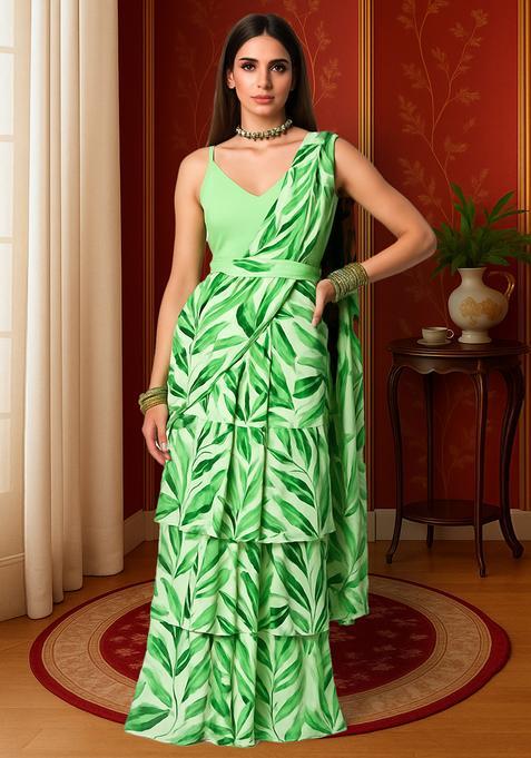 Green Printed Georgette Pre Draped Saree Set