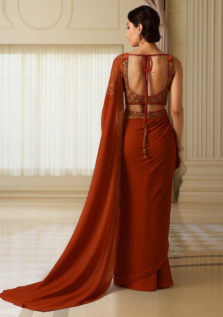 Maroon Embroidered Blouse Georgette Pre Draped Saree Set - Indya