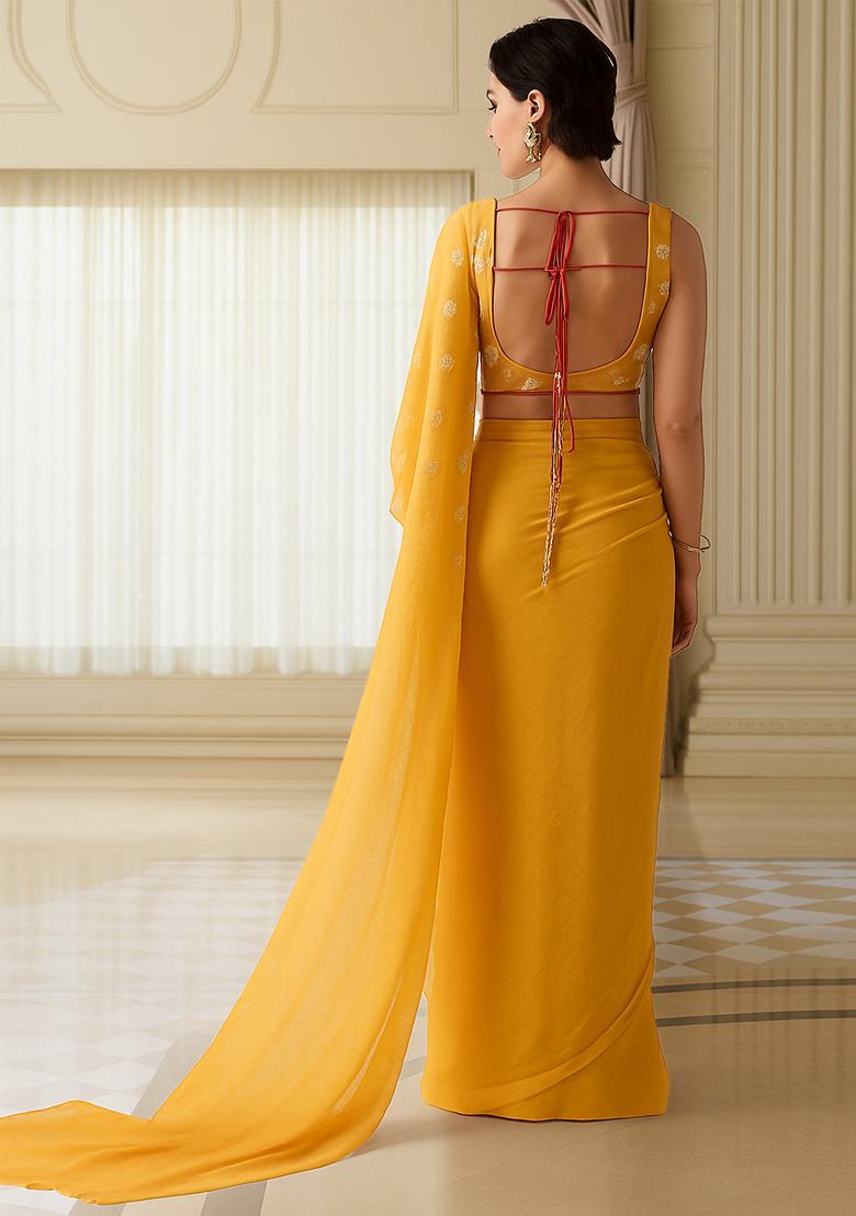 Mustard Embroidered Blouse Georgette Pre Draped Saree Set - Indya