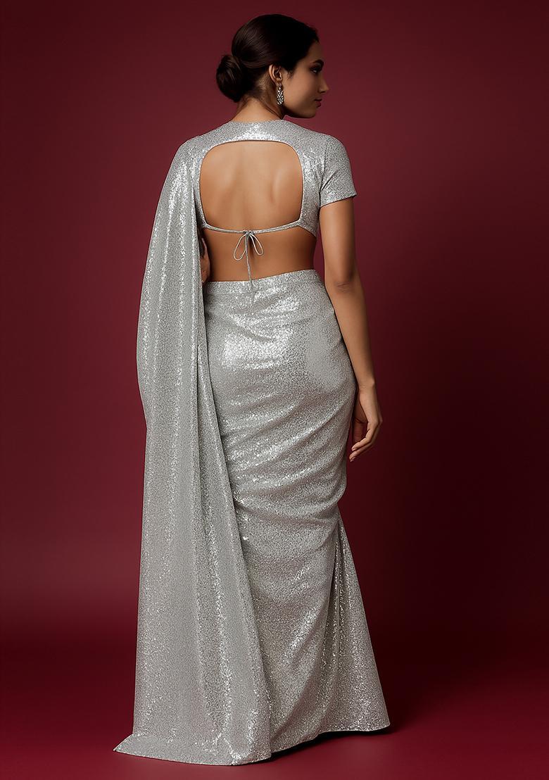 Silver Embellished Net Pre Draped Saree Set - Indya