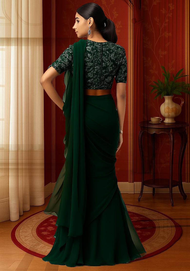 Olive Green Embroidered Blouse Georgette Pre Draped Saree Set - Indya