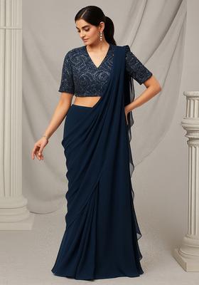 Dusty Blue Sequin Embellished Blouse Net Pre Draped Saree Set