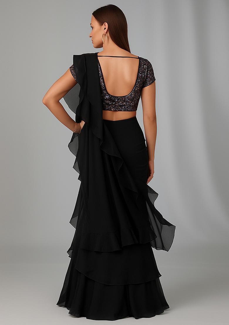 Black Sequin Embellished Blouse Georgette Pre Draped Saree Set - Indya
