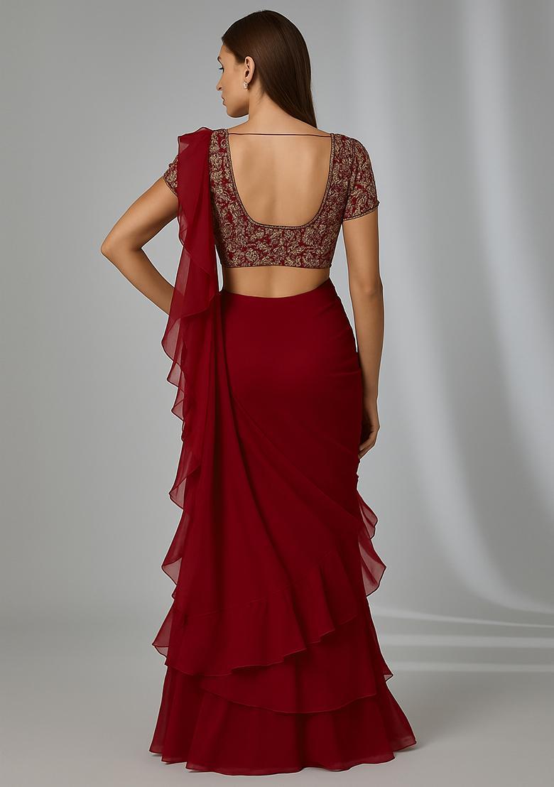 Classic Red Sequin Embroidered Blouse Georgette Pre Draped Saree Set - Indya