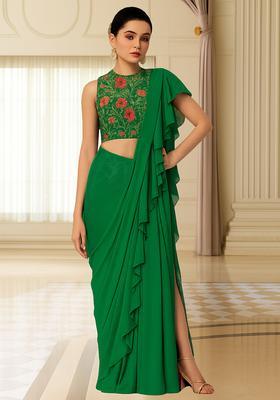 Dark Green Sequin Embroidered Blouse Georgette Pre Draped Saree Set