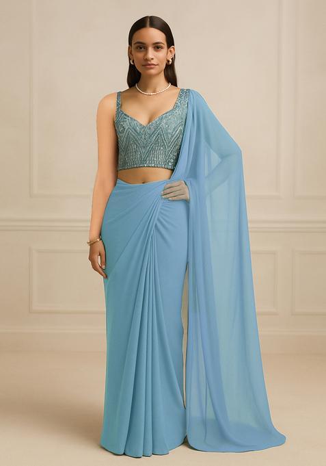 Blue Sequin Embellished Georgette Pre Draped Saree Set