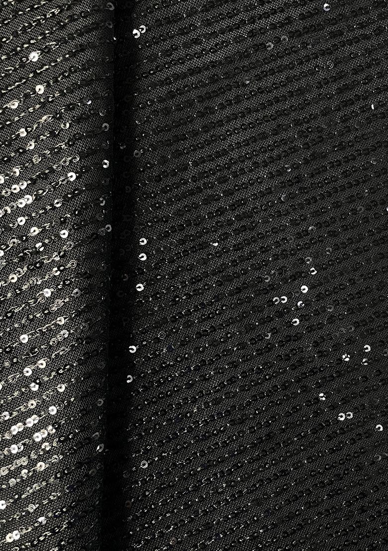 Black Sequin Embellished Georgette Pre Draped Saree Set - Indya