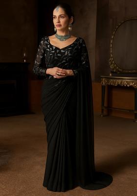 Black Embellished Georgette Pre Draped Saree Set
