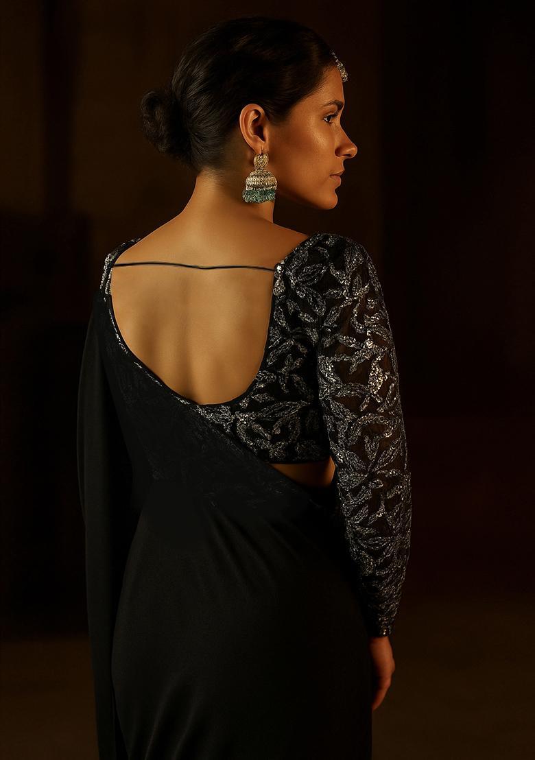 Black Embellished Georgette Pre Draped Saree Set - Indya