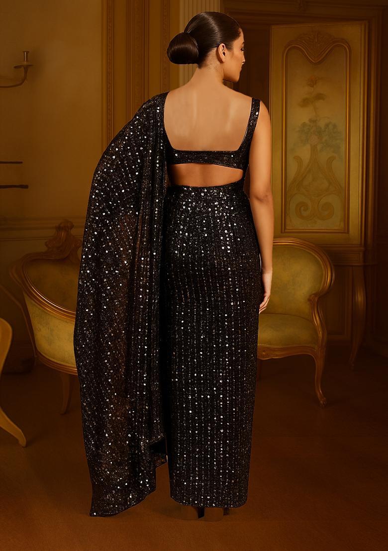 Copper Sequin Embellished Lurex Knit Pre Draped Saree Set - Indya