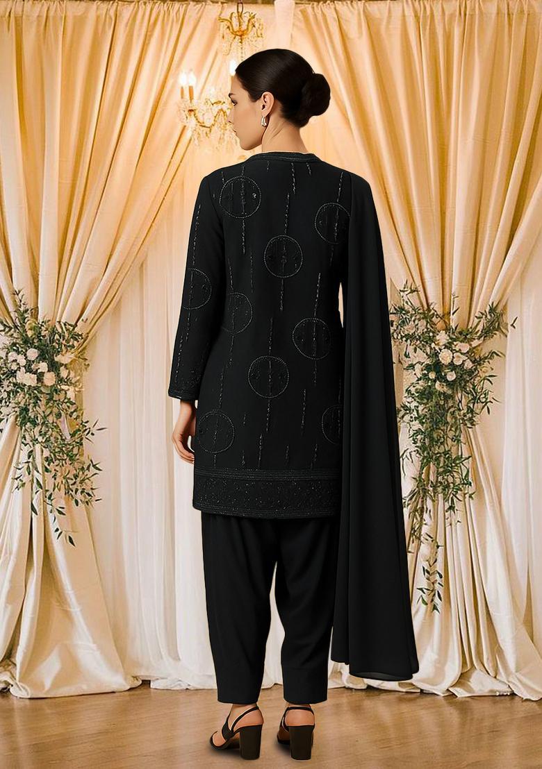 Black Embroidered Organza Punjabi Suit - Indya