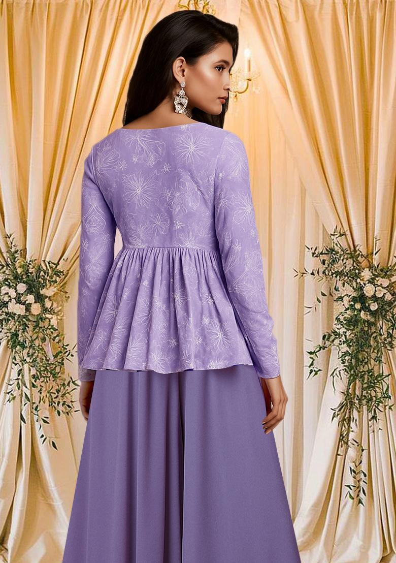 Purple Embroidered Chanderi Sharara Set - Indya