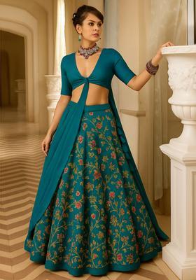 Deep Ocean Blue Embroidered Raw Silk Blend Lehenga Set