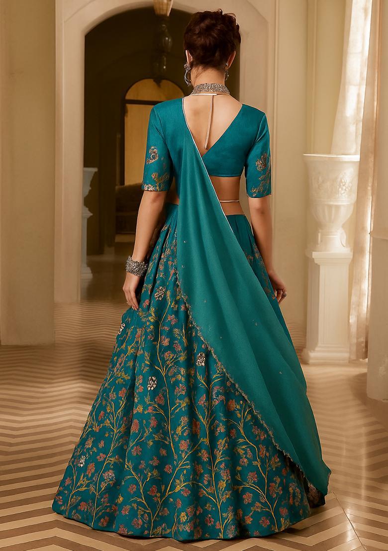 Deep Ocean Blue Embroidered Raw Silk Blend Lehenga Set - Indya