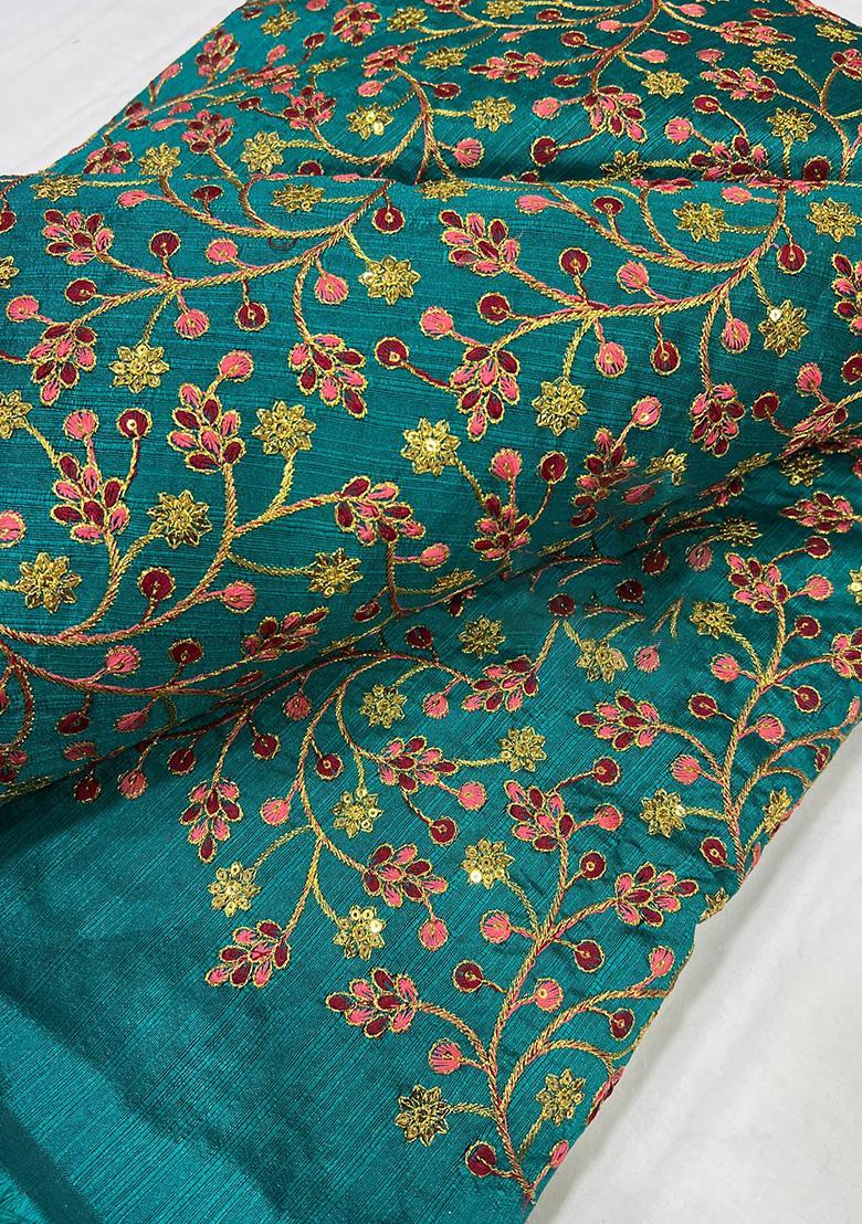Deep Ocean Blue Embroidered Raw Silk Blend Lehenga Set - Indya