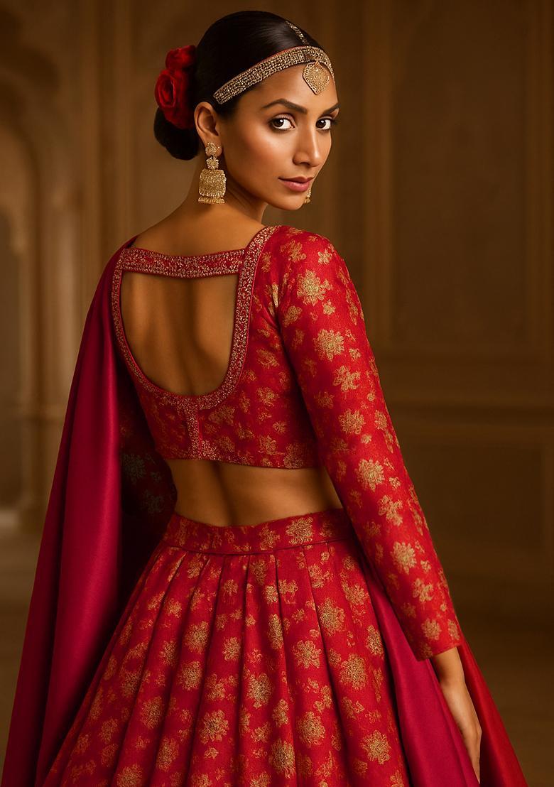 Orange Jacquard Brocade Lehenga Set - Indya