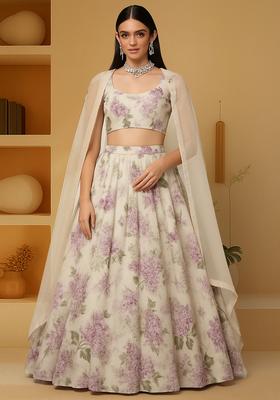 Beige Printed Georgette Lehenga Set