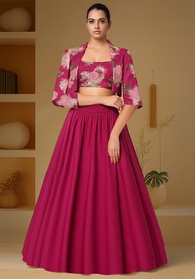 Deep Pink Printed Blouse And Jacket  Chinon Lehenga Set