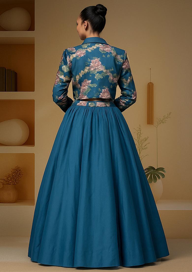 Blue Printed Blouse And Jacket  Chinon Lehenga Set - Indya
