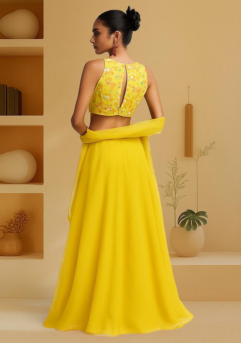 Yellow Embroidered Blouse Georgette Lehenga Set - Indya