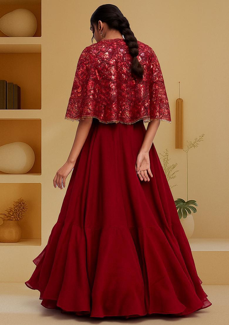Maroon Embellished Blouse With Jacket Georgette Lehenga Set - Indya