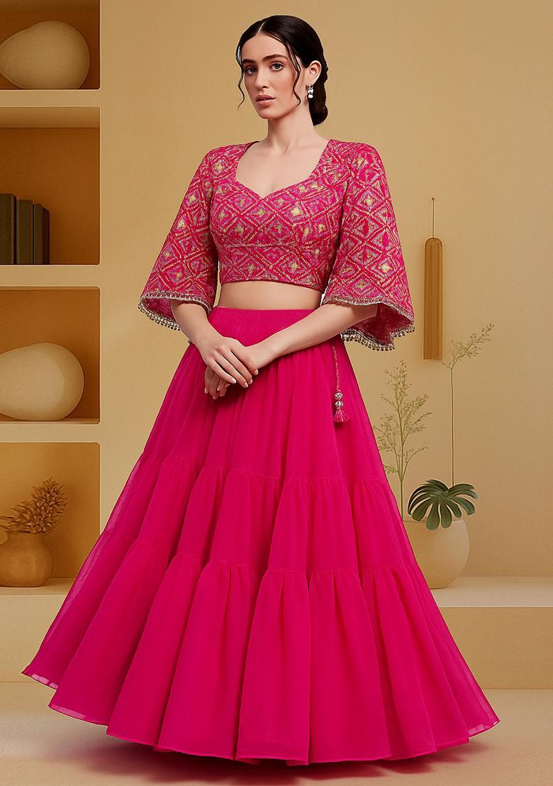Hot Pink Embellished Blouse With Jacket Georgette Lehenga Set - Indya