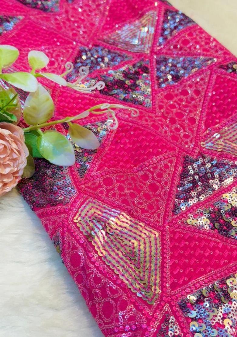 Hot Pink Embellished Blouse With Jacket Georgette Lehenga Set - Indya