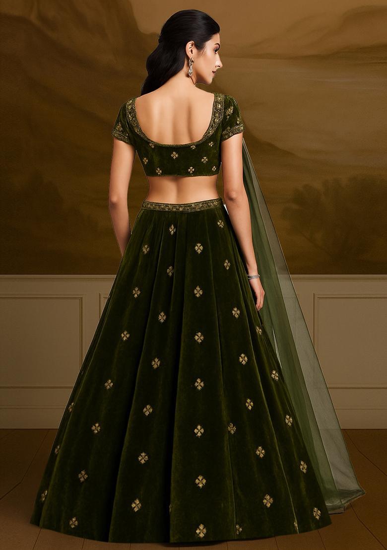 Olive Green Embroidered Velvet Lehenga Set - Indya