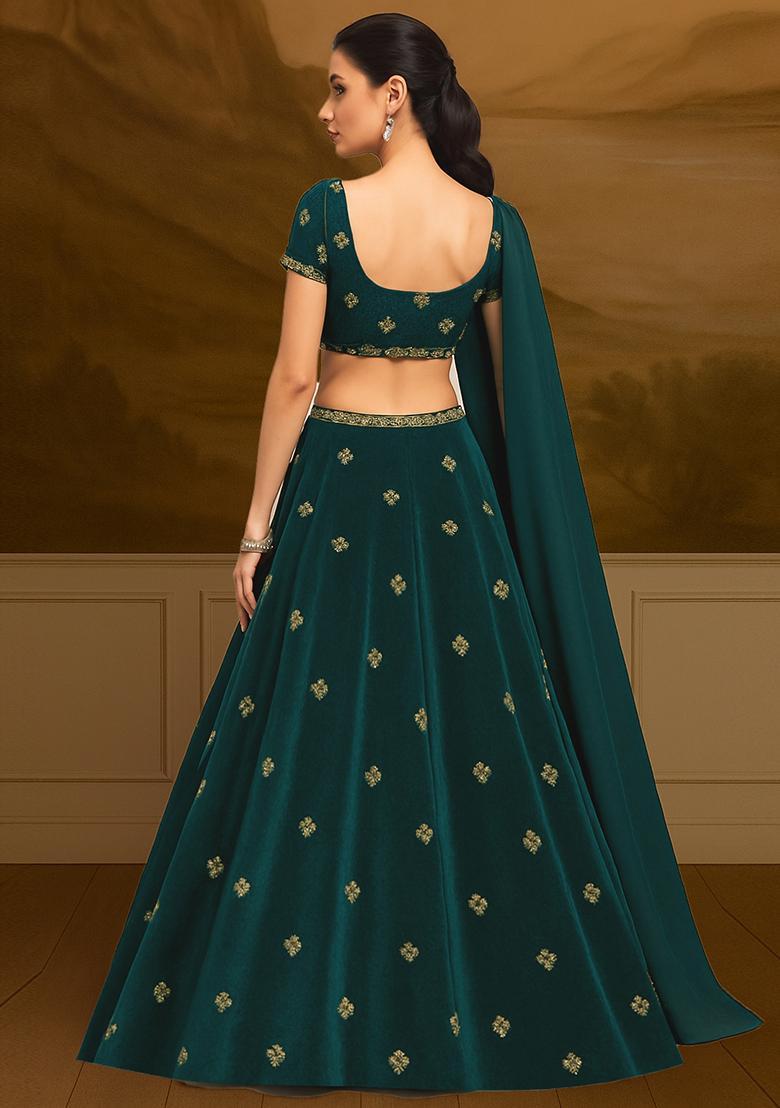 Teal Blue Embroidered Velvet Lehenga Set - Indya
