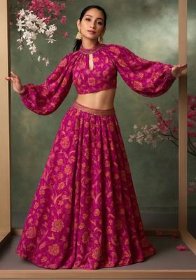 Hot Pink Printed Satin Crop Top Skirt Set