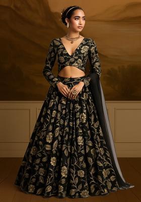 Black Printed Satin Georgette Lehenga Set